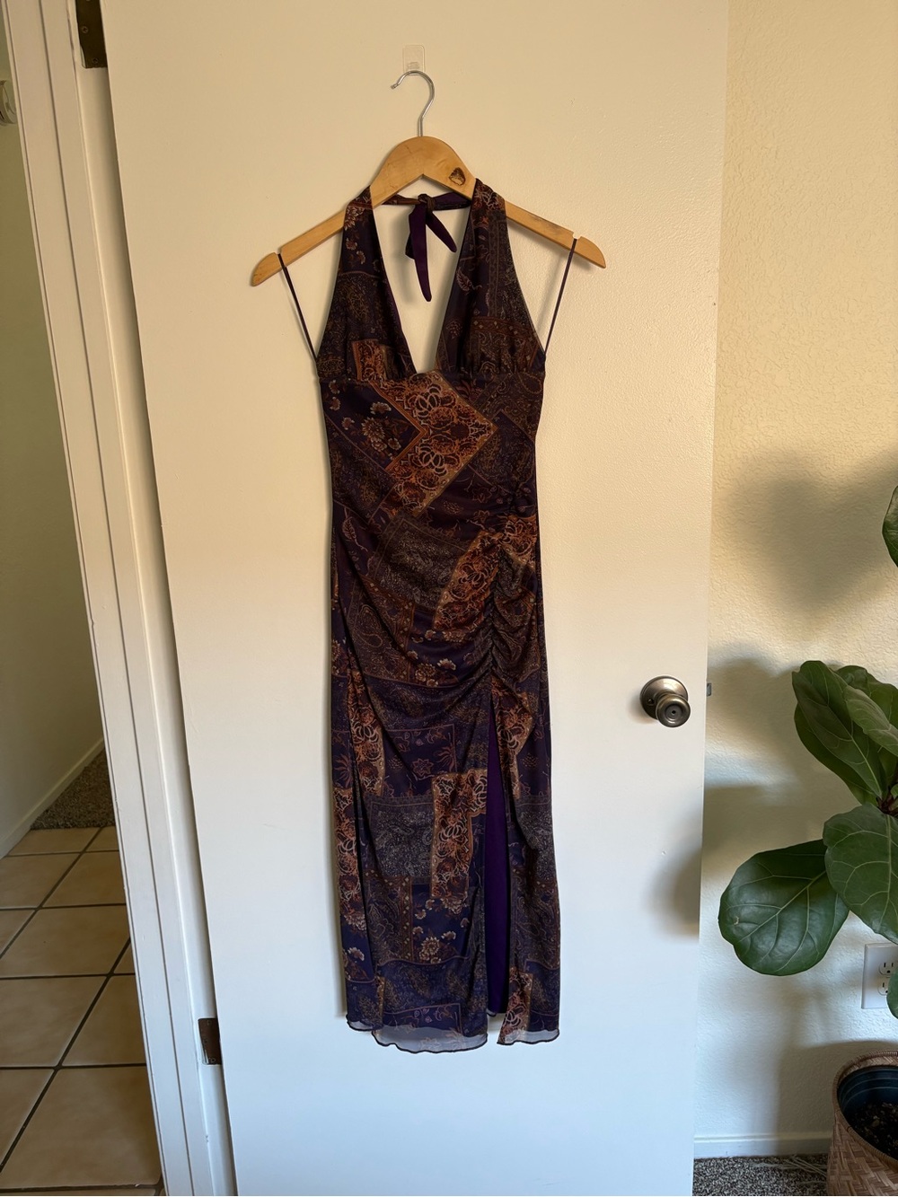 Urban Outfitters Purple Deep Plunge Halter Ruched Mesh Midi Dress